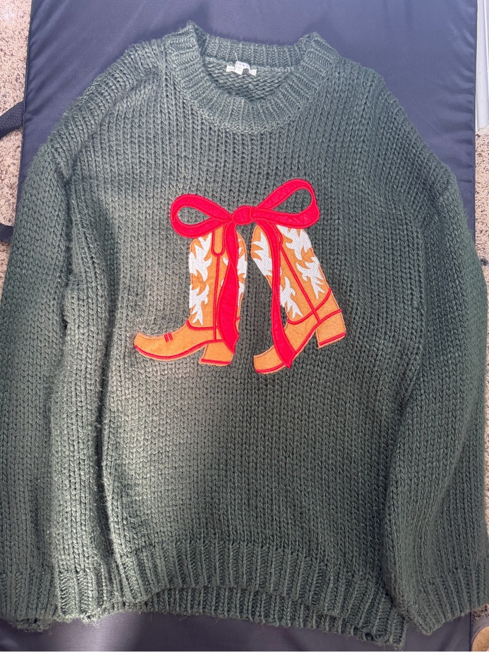 Eve Olive Green Crewneck Sweater with Orange & Red Boot Appliqué